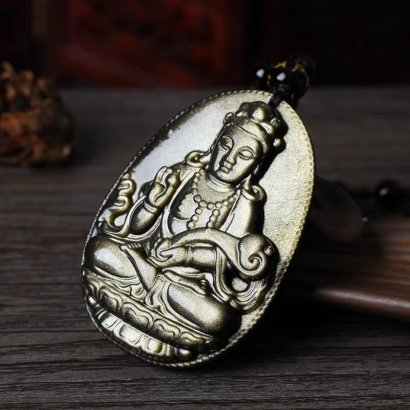 天然黑曜石观音菩萨佛像吊坠如意观音像男士项链挂件水晶饰品礼物