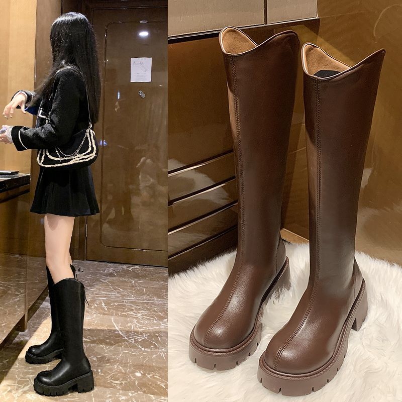 粗跟圆头厚底高筒靴长靴女冬骑士口西部靴内增高马丁靴新款百搭