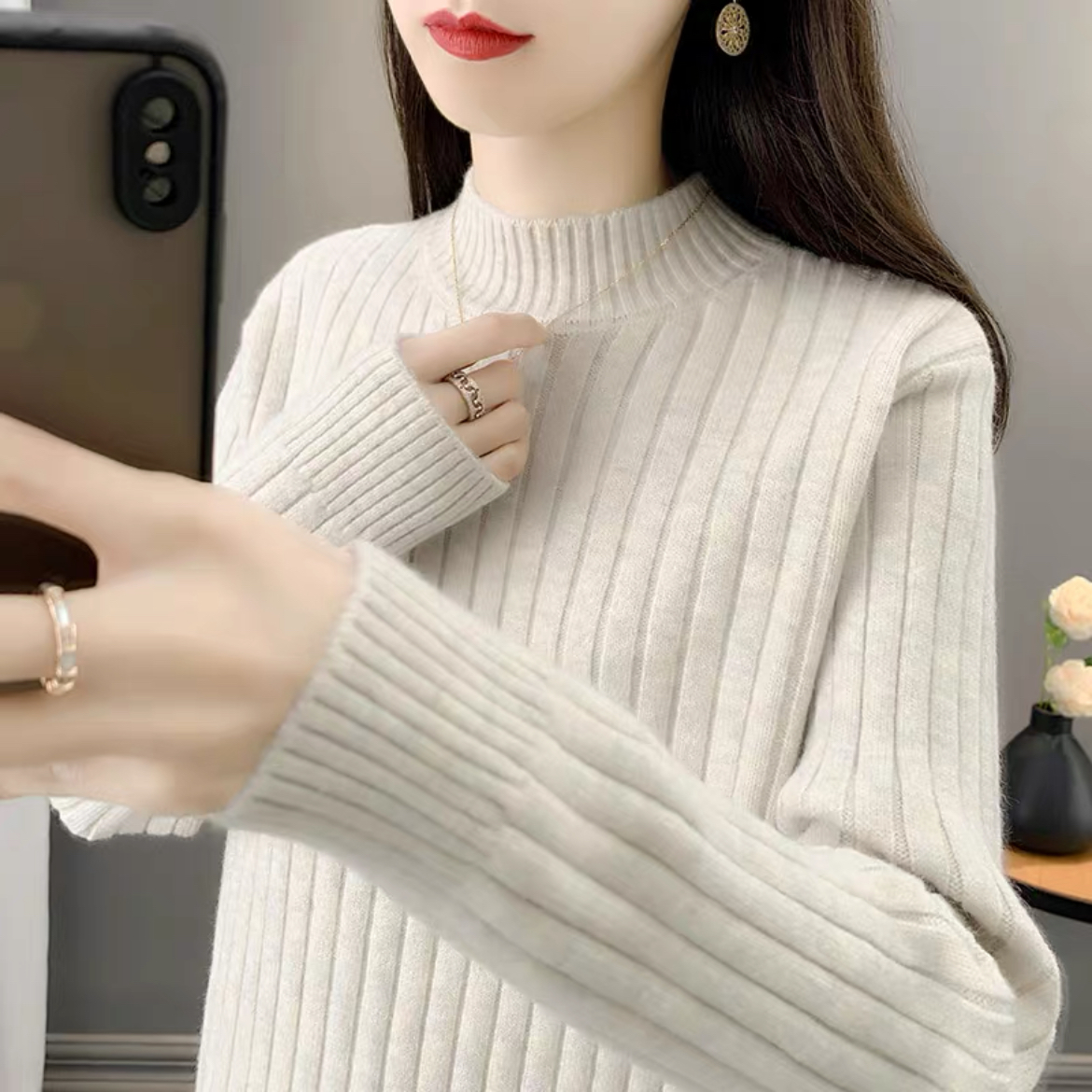 半高领针织衫女套头毛衣纯色百搭显瘦内搭秋冬新款2023加厚打底衫