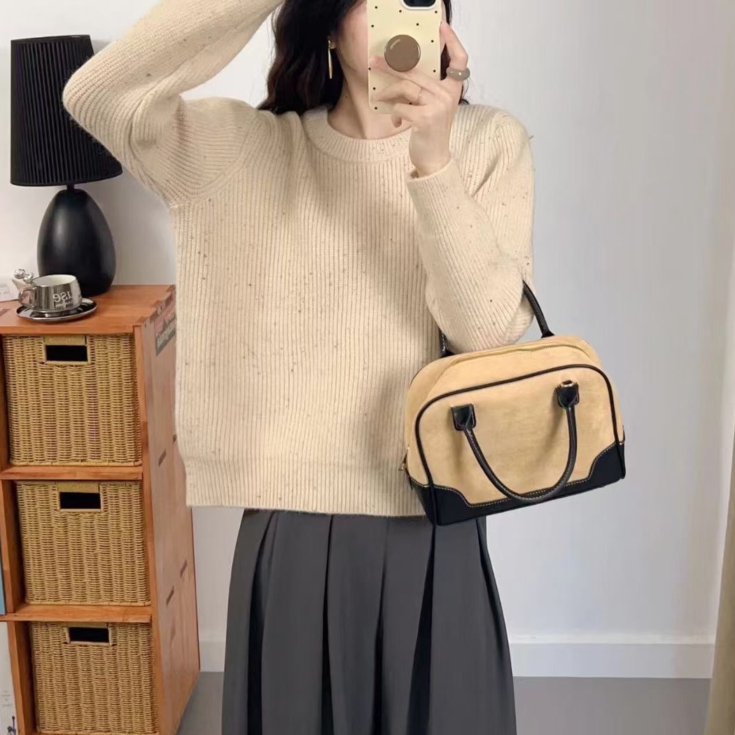 新款彩点特纱圆领针织衫女长袖百搭厚套头毛衣宽松慵懒风打底上衣