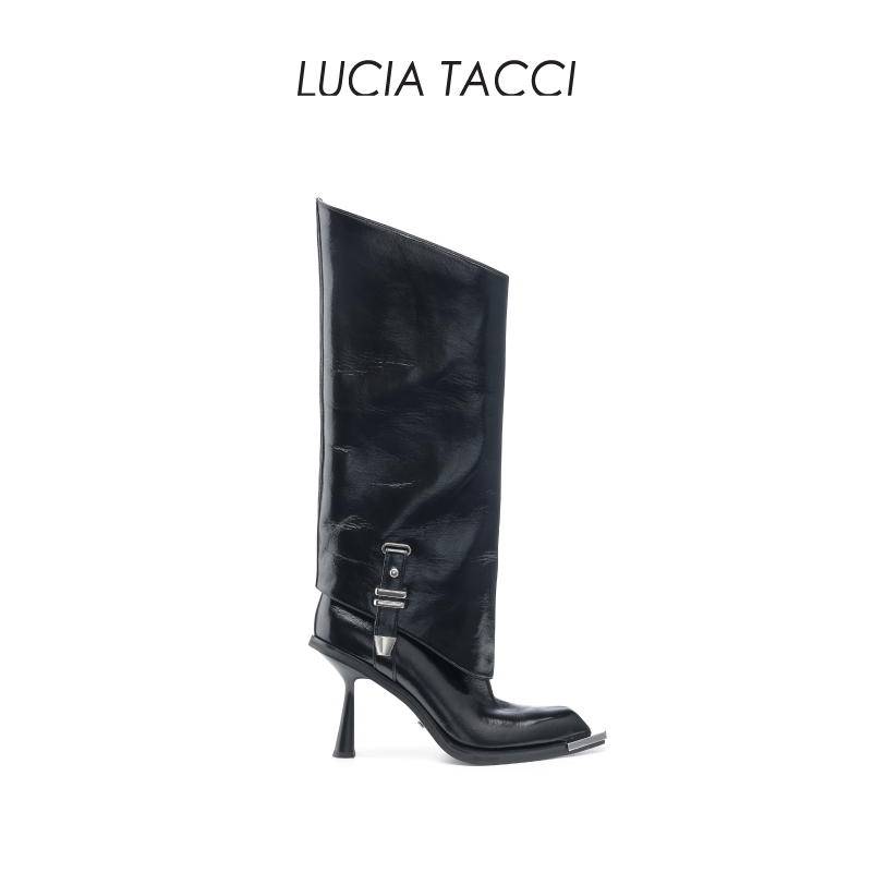 LUCIA TACCI/洛希达绮｜原创设计师｜油蜡牛皮高跟一脚蹬直筒长靴女