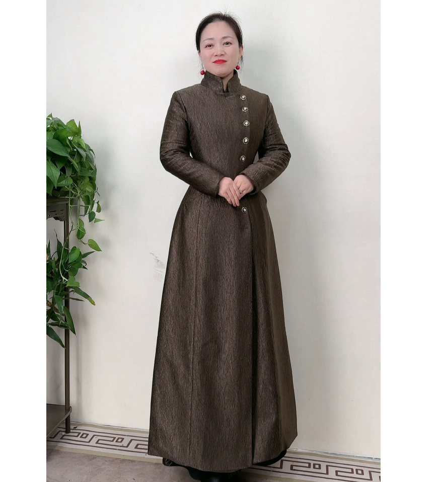 咖金色长款加厚修身显瘦棉服风衣