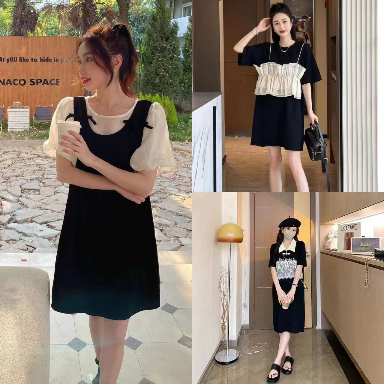 A字裙中轻职风套头泡泡袖连衣裙显瘦撞色设计感法式宽松时尚