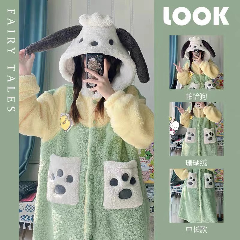 特价！！可爱帕恰狗珊瑚绒睡衣女秋冬季新款加厚家居服睡袍可外穿