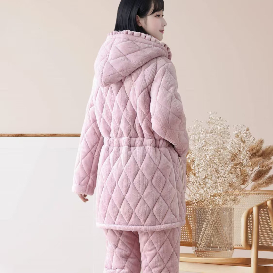 加绒超厚法兰绒睡衣女冬季保暖三层夹棉家居服