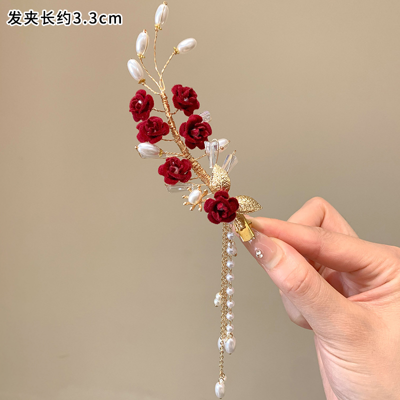 新中式秀禾服红色对夹发饰新娘敬酒服头饰简单大气结婚礼服配饰品