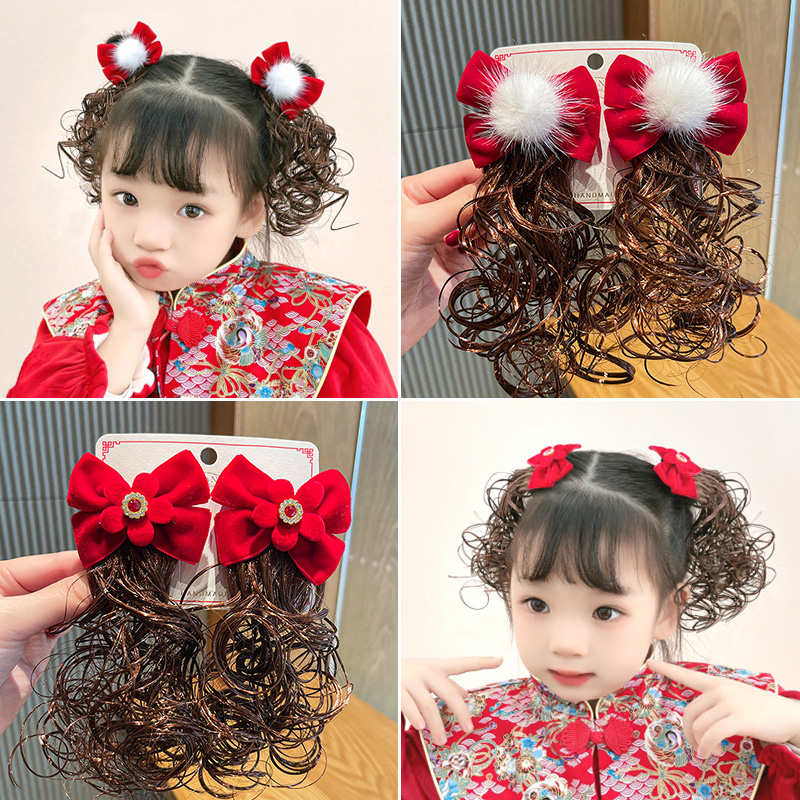 新年过年发饰儿童发卡头饰女童可爱假发辫子头饰小女孩蝴蝶结发夹