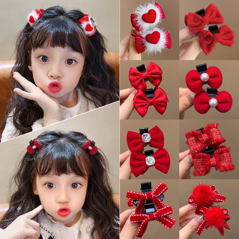 丝绒发饰小女孩侧边夹丸子头对夹儿童发夹女童宝宝红色蝴蝶结发卡
