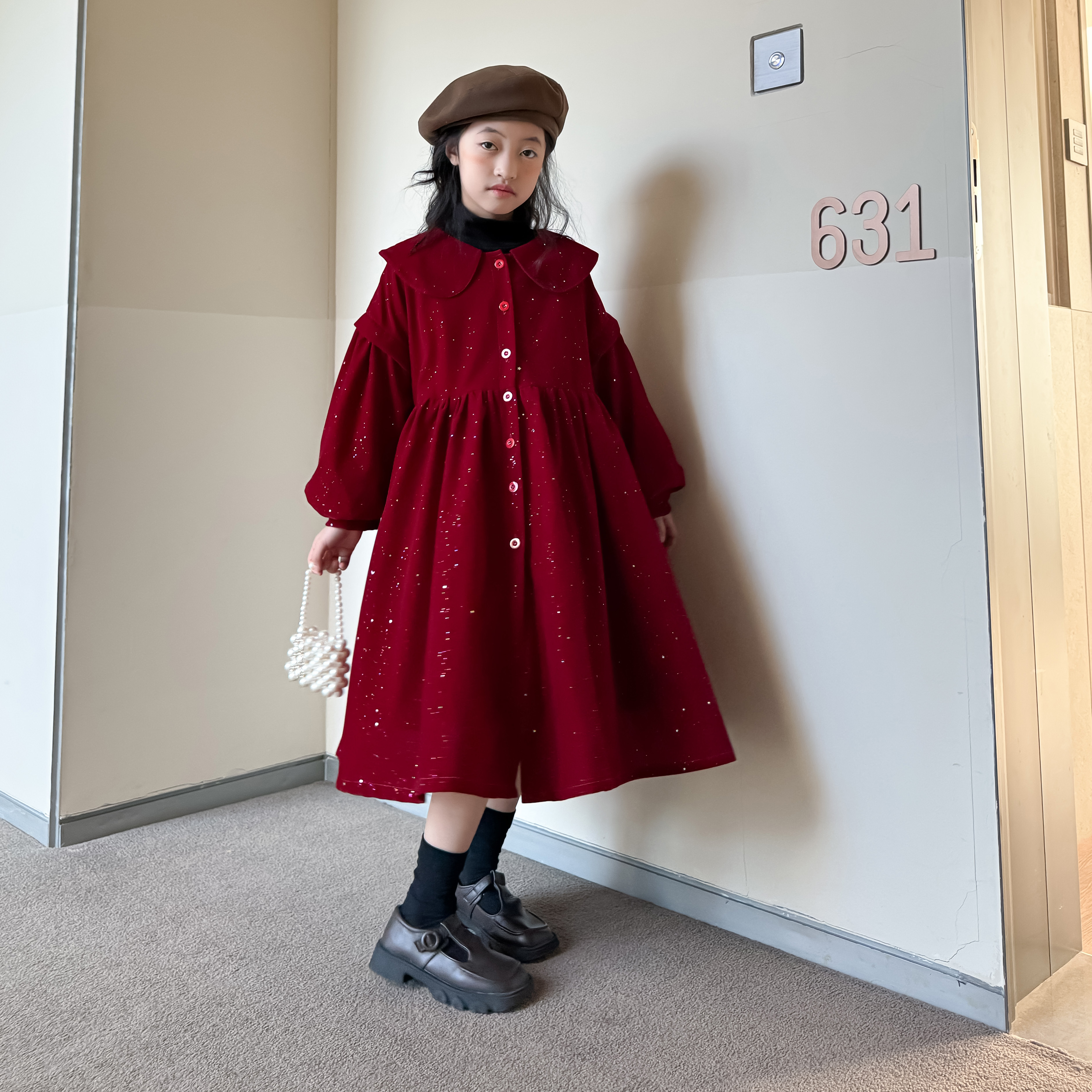 新年装 女童加绒加厚红色连衣裙 中大童丝绒公主裙