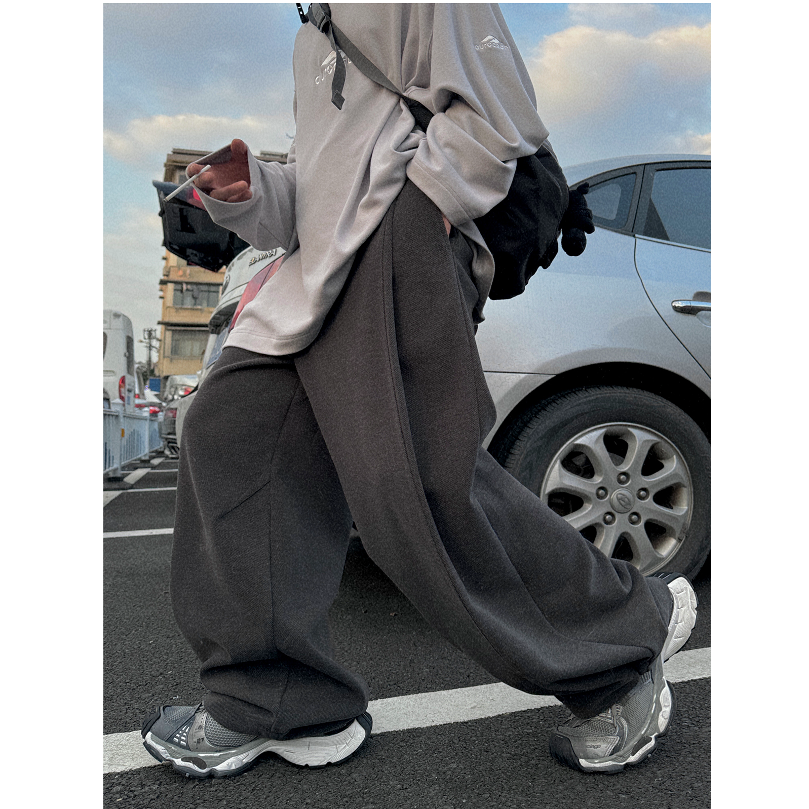 Aurocean 加厚磨毛大廓形学院西裤 立体收褶堆叠感深灰色休闲裤