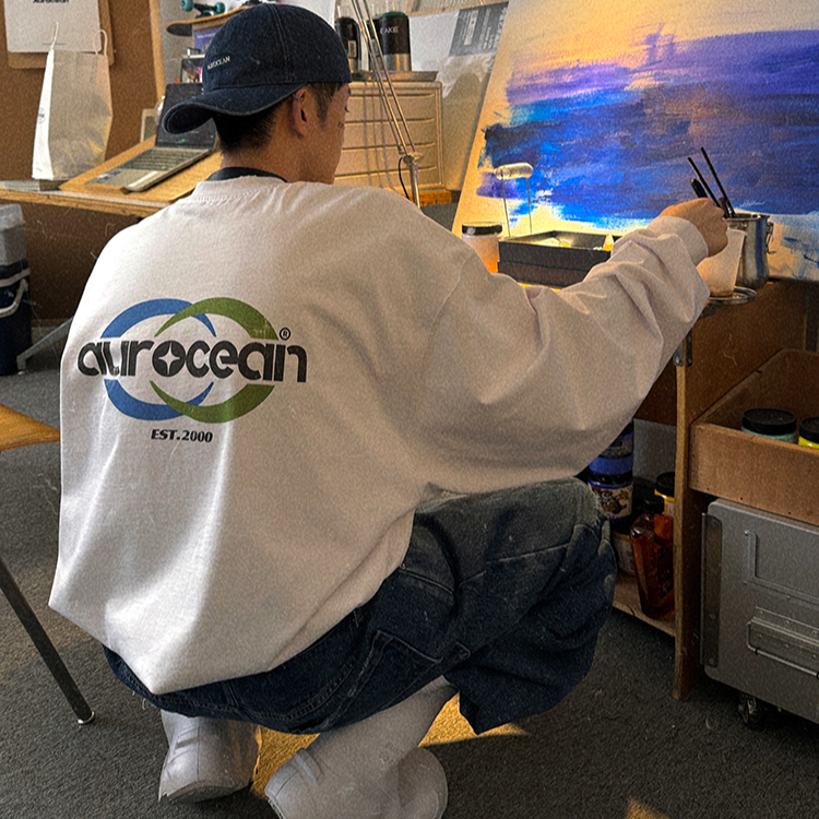 Aurocean 白色长袖T恤 320克重磅全棉千禧复古数码印磨损做旧打底