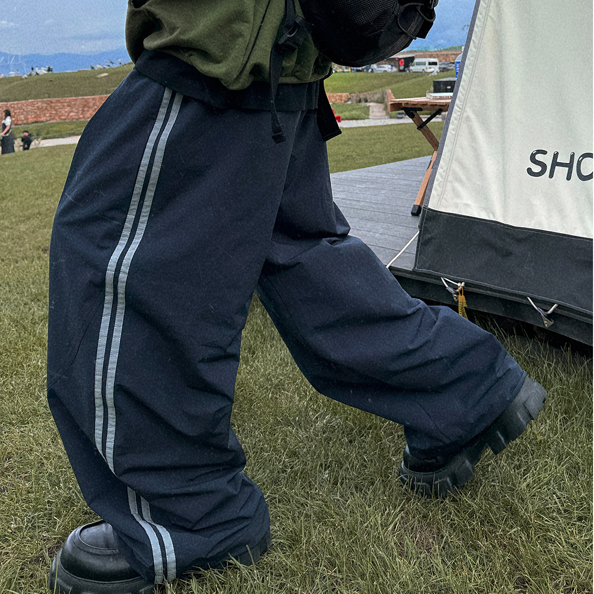 Aurocean 复古双杠尼龙卫裤 堆叠感宽松解构拼接藏青色运动裤