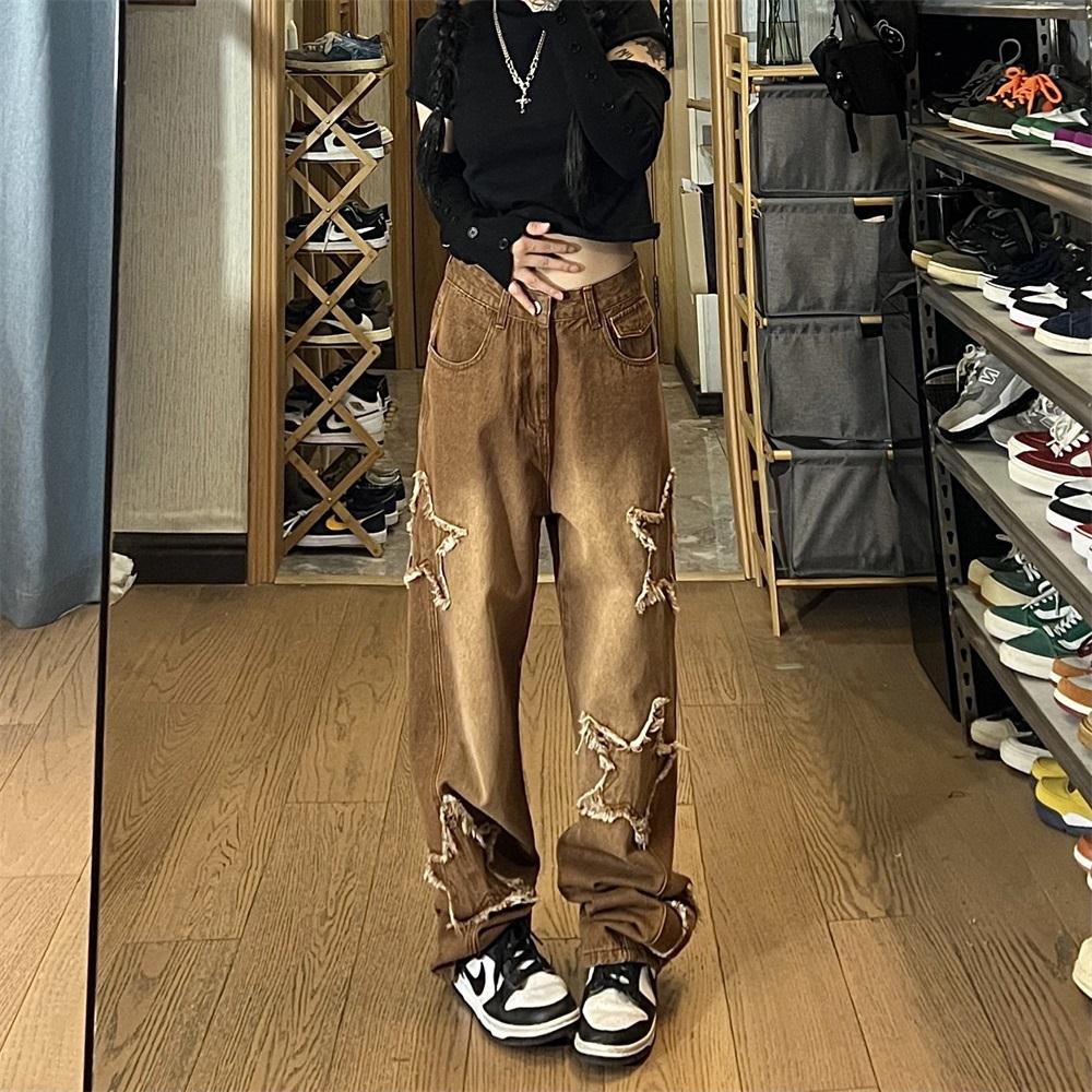 美式复古棕色牛仔裤男水洗渐变五角星裤子ins高街潮牌宽松直筒裤