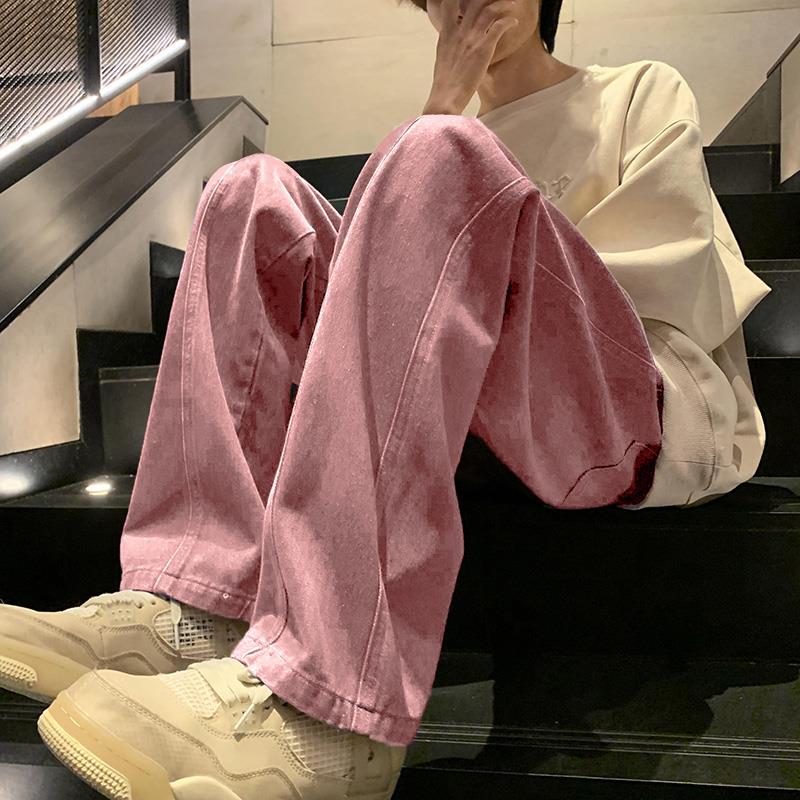 美式复古脏粉色牛仔裤男款欧美高街hiphop裤子水洗宽松直筒工装裤