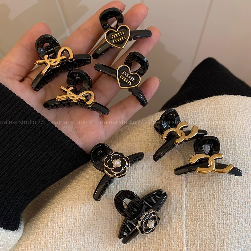 公主头抓夹黑色山茶花复古法式小香风鲨鱼夹发夹发饰黑色小抓夹女
