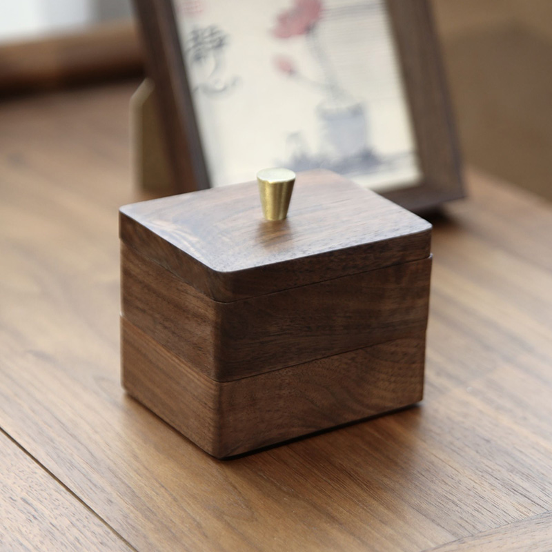 缘林木诗北美黑胡桃木收纳盒实木轻奢家用便携高档牙签线棉签盒筒