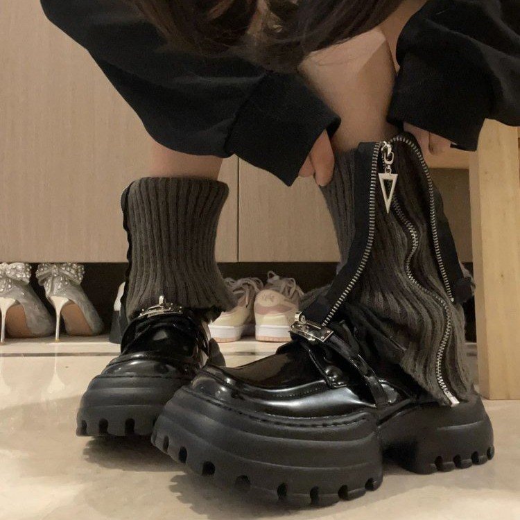 灰色针织拉链袜套小皮鞋女百搭个性保暖酷堆堆袜鞋松糕鞋乐福鞋子
