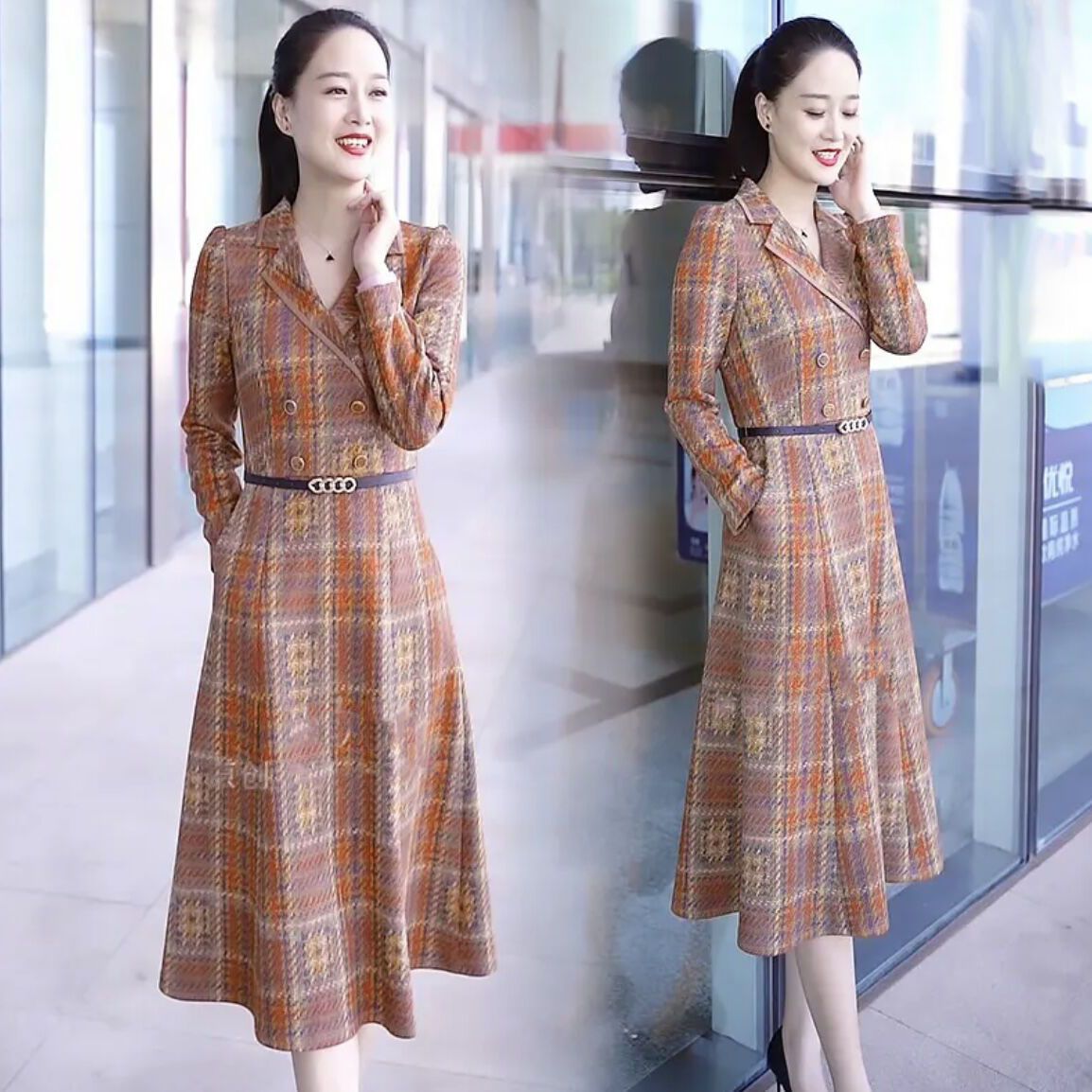 秋冬季新款连衣裙大码连衣裙气质收腰显瘦气质洋气过膝中长款裙子