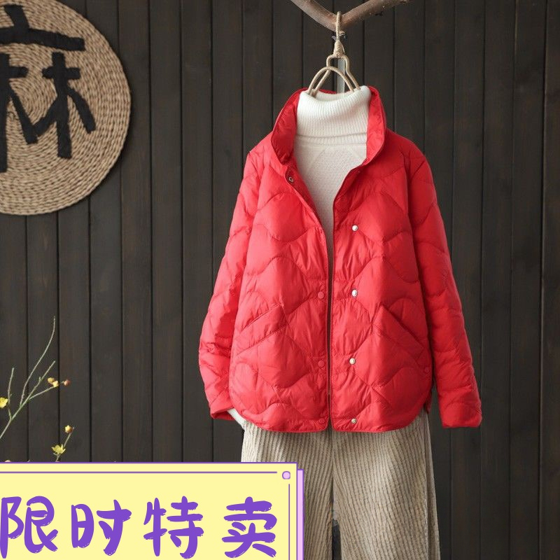 羽绒衣反季轻薄羽绒服服女短款韩版宽松百搭冬季羽绒服红色立领