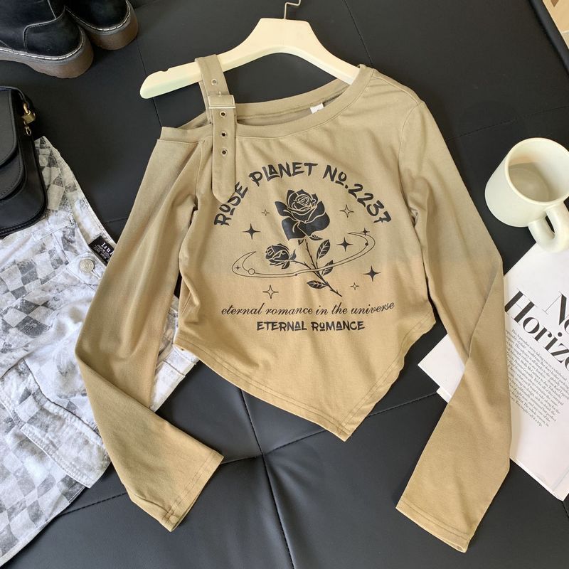 A66辣妹短款T恤女2024春季新款复古修身显瘦纯欲设计感长袖上衣
