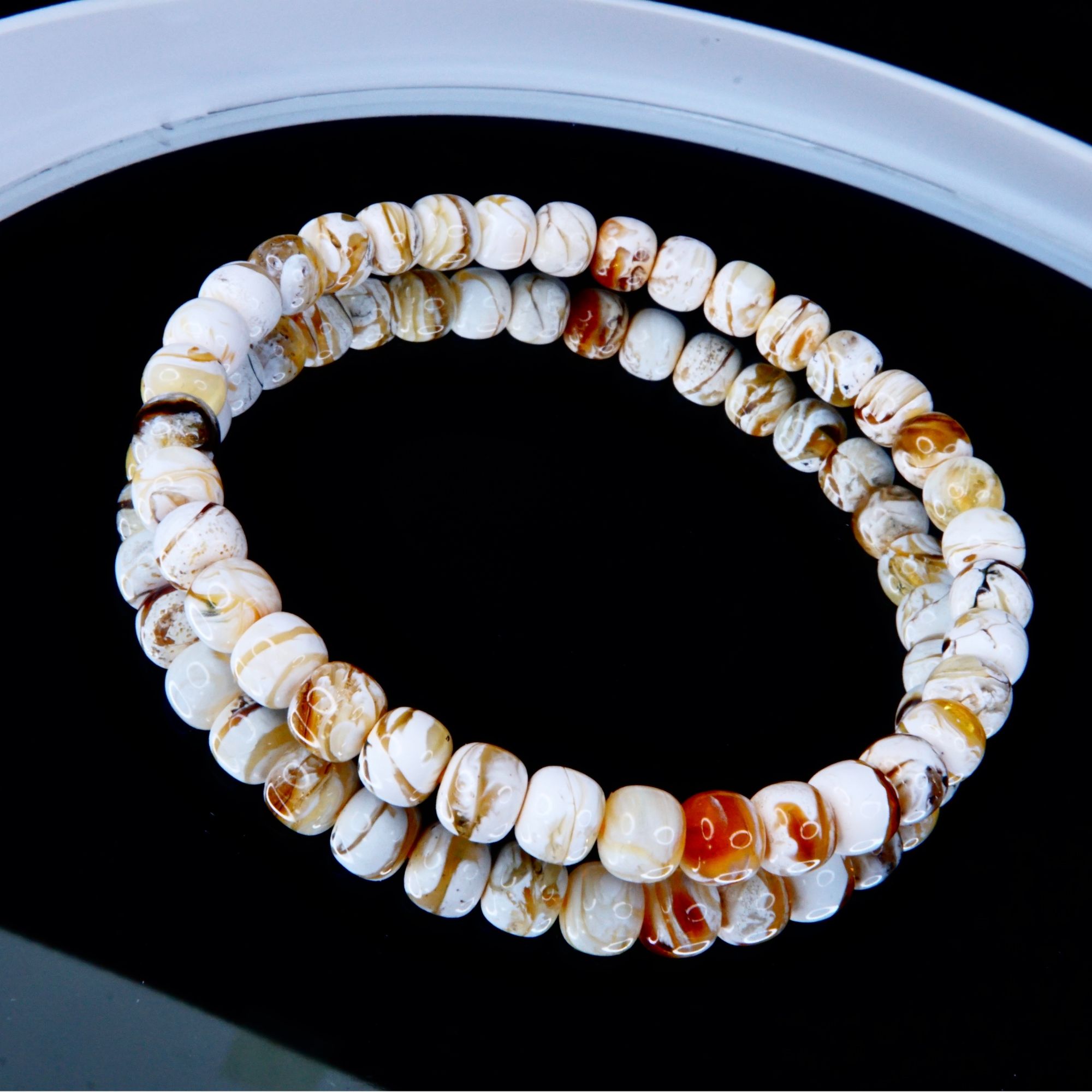 「千丝万缕」6mm瓷白底拉丝彩沁妖花老型单圈 天然琥珀蜜蜡文玩配饰