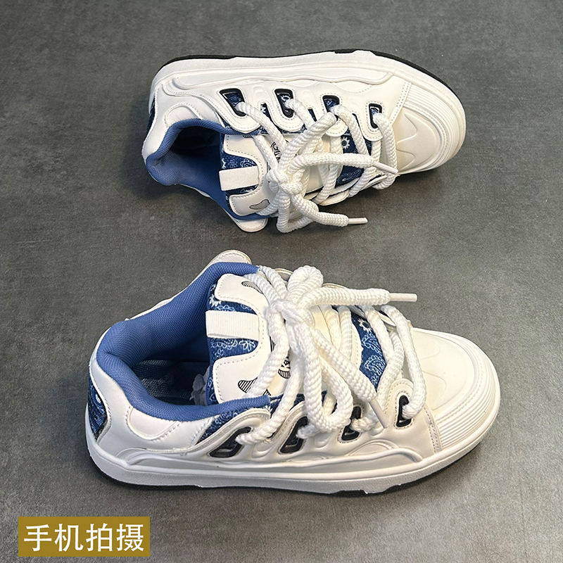 【小扬哥推荐】男鞋男生白蓝腰果花面包鞋男秋款厚底增高运动小白鞋