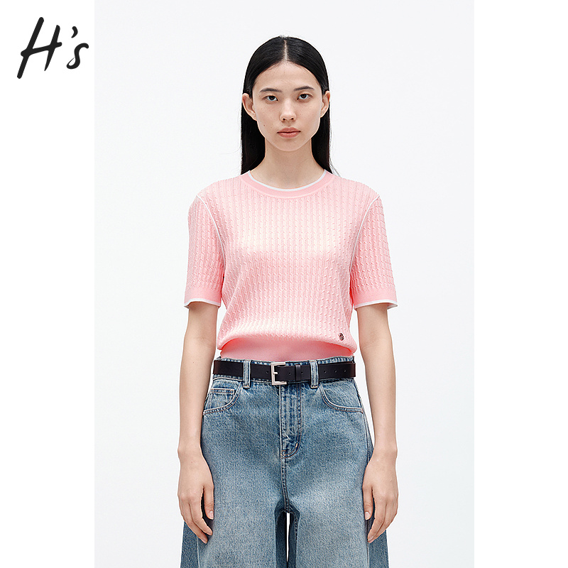 【商场同款】HS麻花肌理感针织短袖2024秋新款修身上衣112407202089