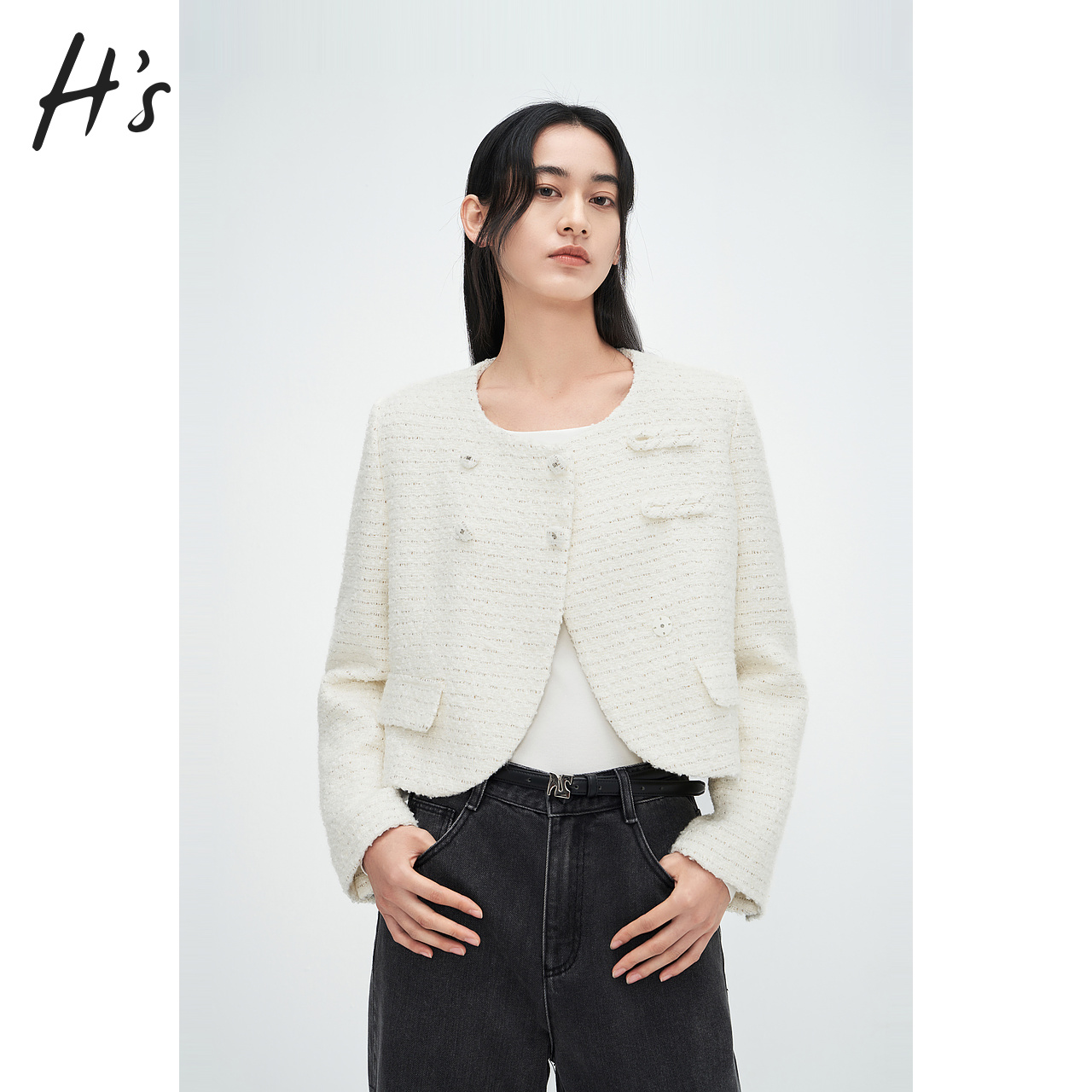 HS新中式斜门襟外套新品女装圆领短款小垫肩设计感上衣