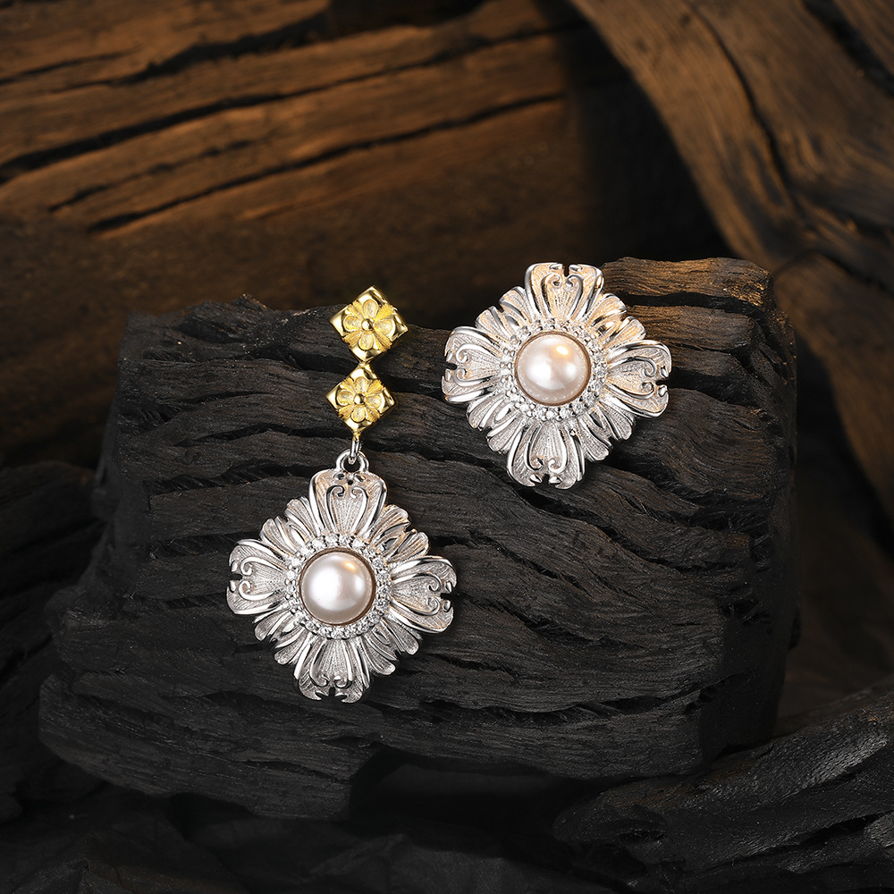 925银耳饰 s925纯银个性夸张不对称耳钉女气质唐草纹耳饰AB款耳坠