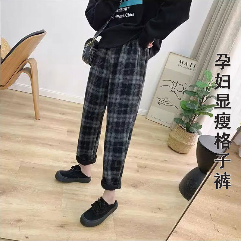 孕妇裤复古格子加绒磨毛休闲裤冬季新款韩版宽松阔腿裤宽松萝卜裤