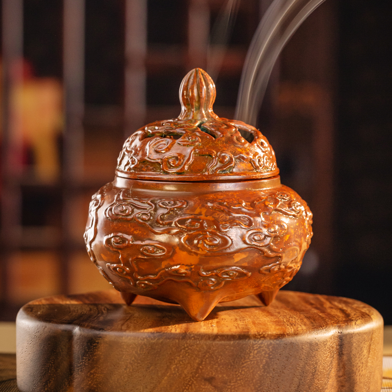 【非遗】纯手工失蜡铸造斑铜香熏炉手工錾刻祥云复古中式莲花焚香炉