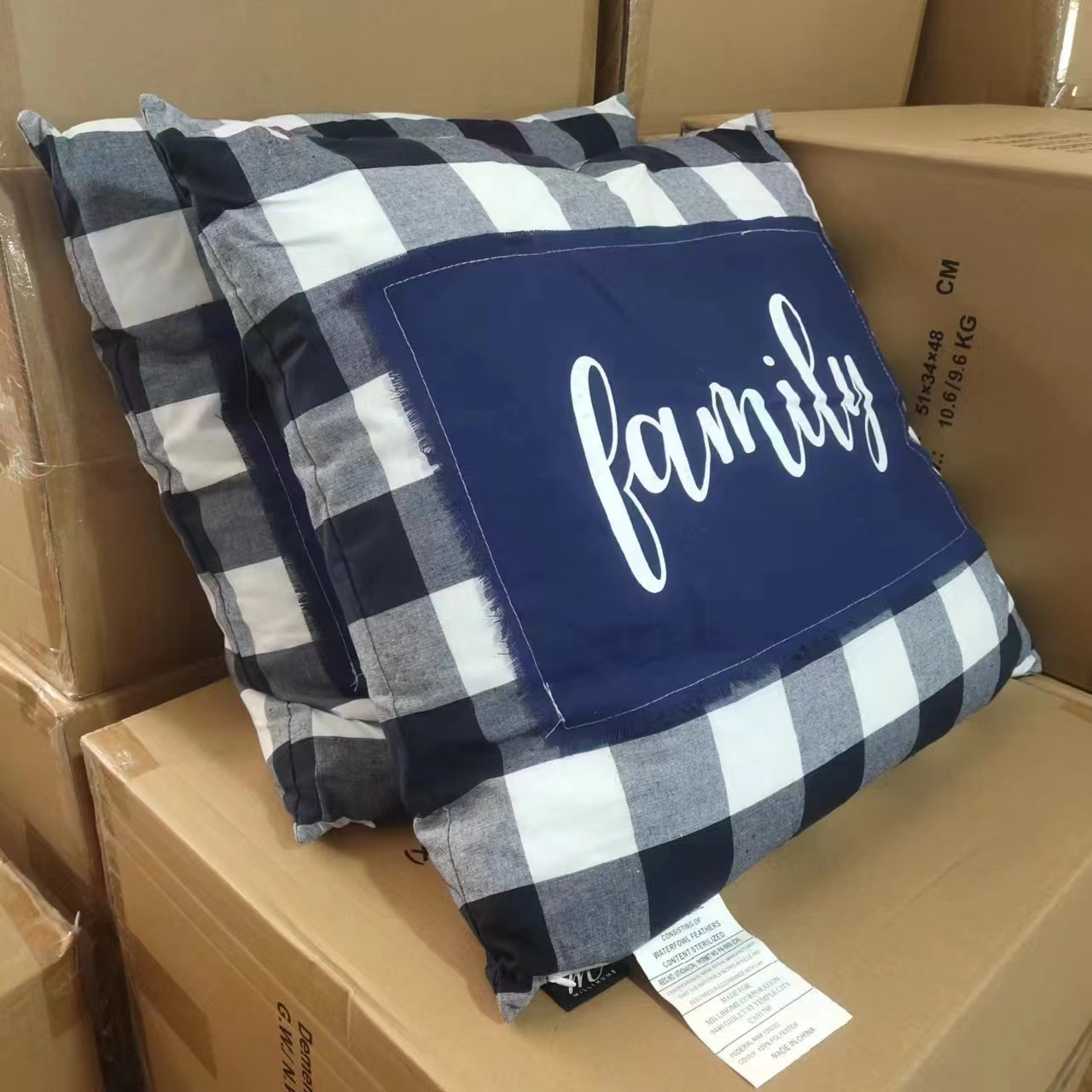 外贸订单!蓝白格 羽毛靠垫50x50 发2个