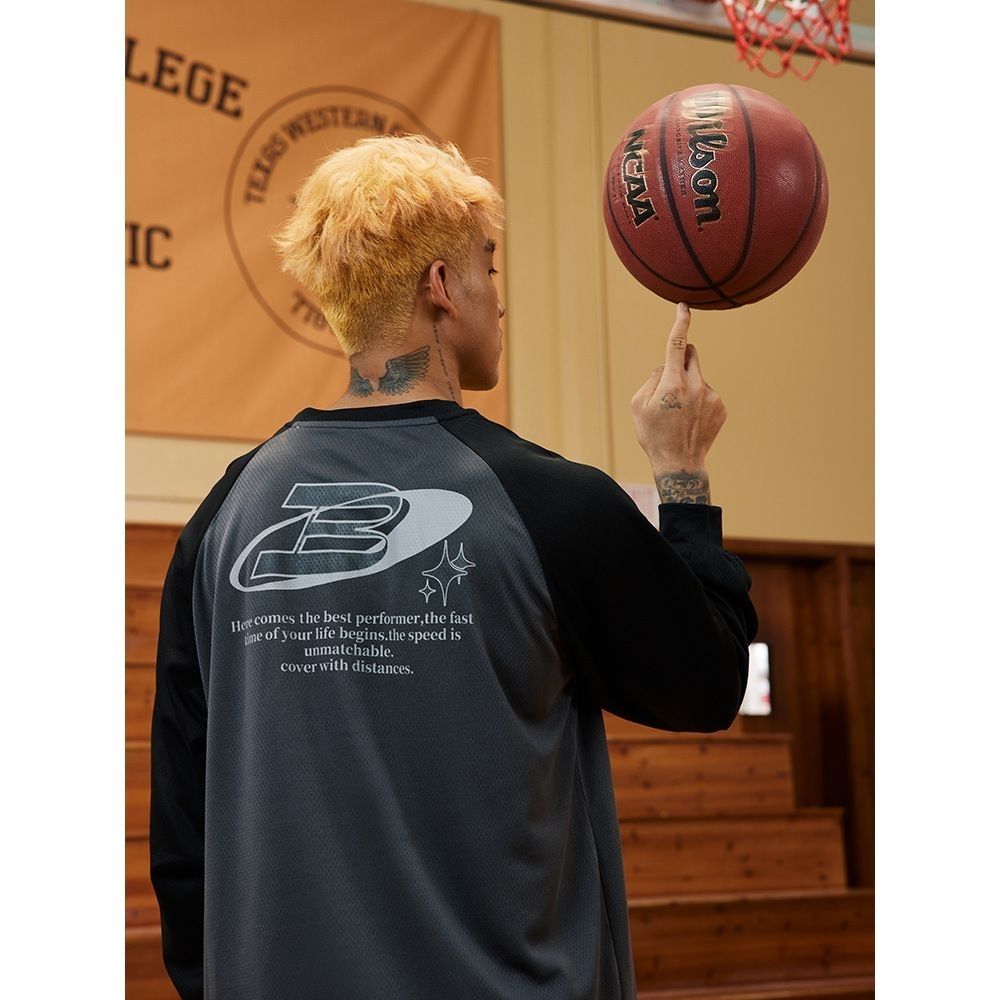 春秋薄款BOK网眼速干篮球训练印花插肩长袖T恤美式投篮服运动上衣