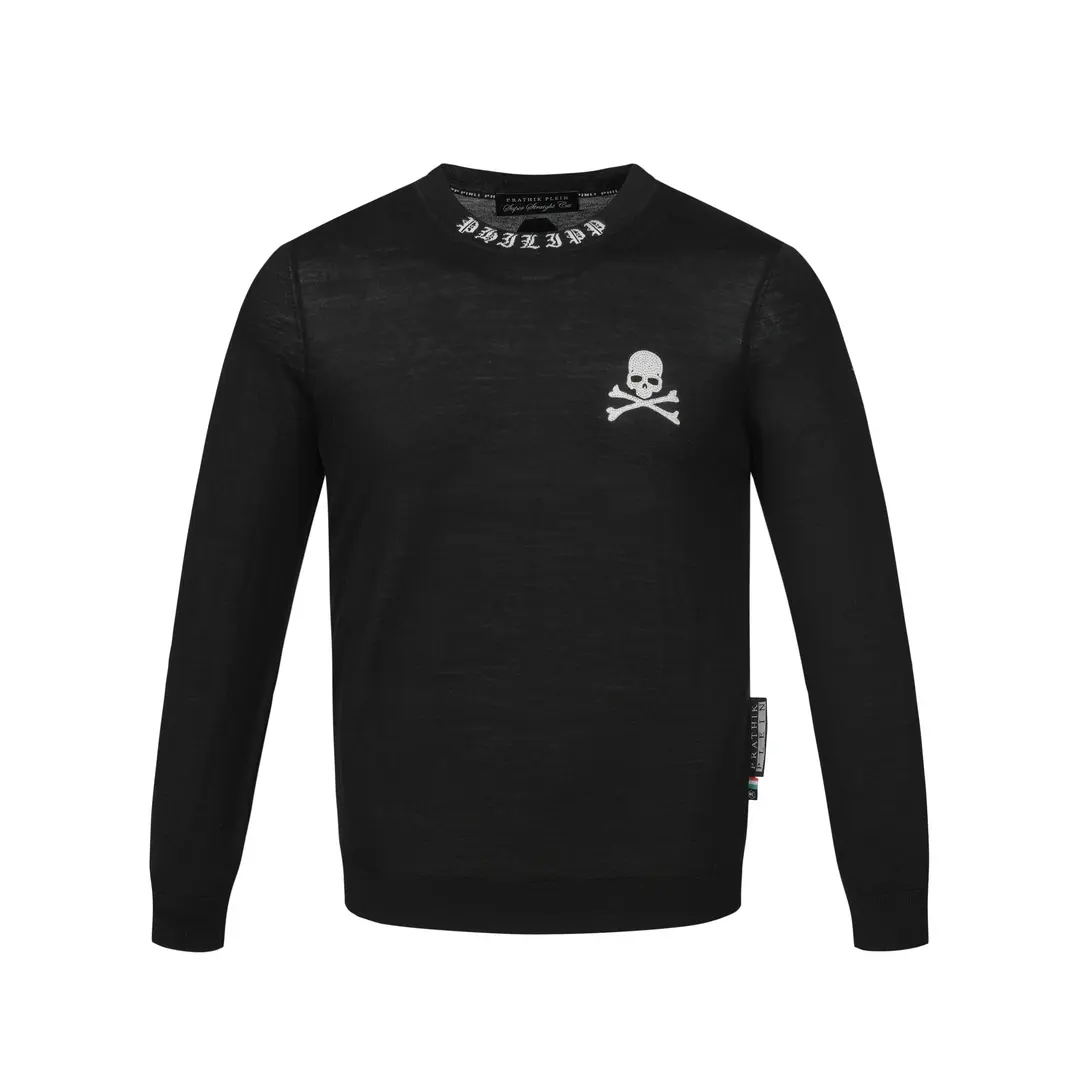 PRATHIKPLEIN潮牌秋冬男士高端针织长袖舒适骷髅烫钻黑色圆领保暖