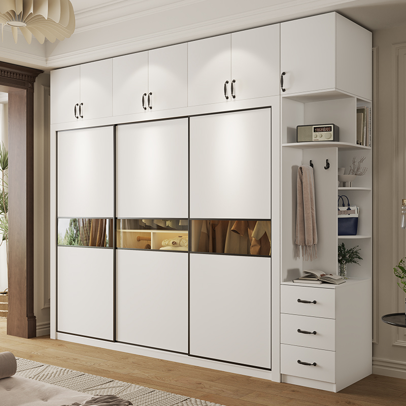 轻奢推拉门衣柜家用简约现代出租房柜子白色储物移滑门成套大衣柜