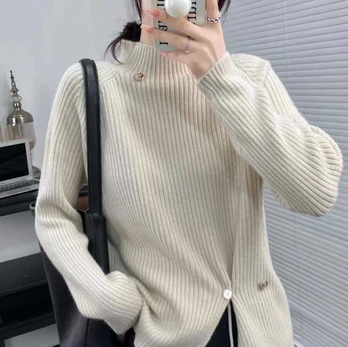 926#秋冬半高领慵懒风时尚开叉毛衣【衣长65】D1-3