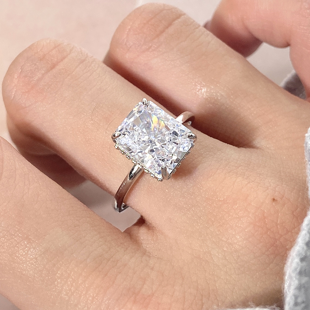 FOXI 925银合成锆石戒指 R1682s奢华方形冰花切锆石925银戒指宴会