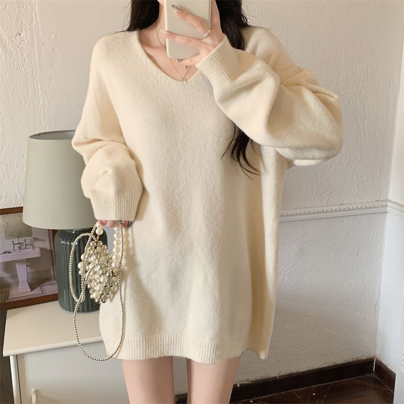 胖mm大领口v领毛衣女秋冬新款中长款慵懒风宽松内搭针织打底衫潮