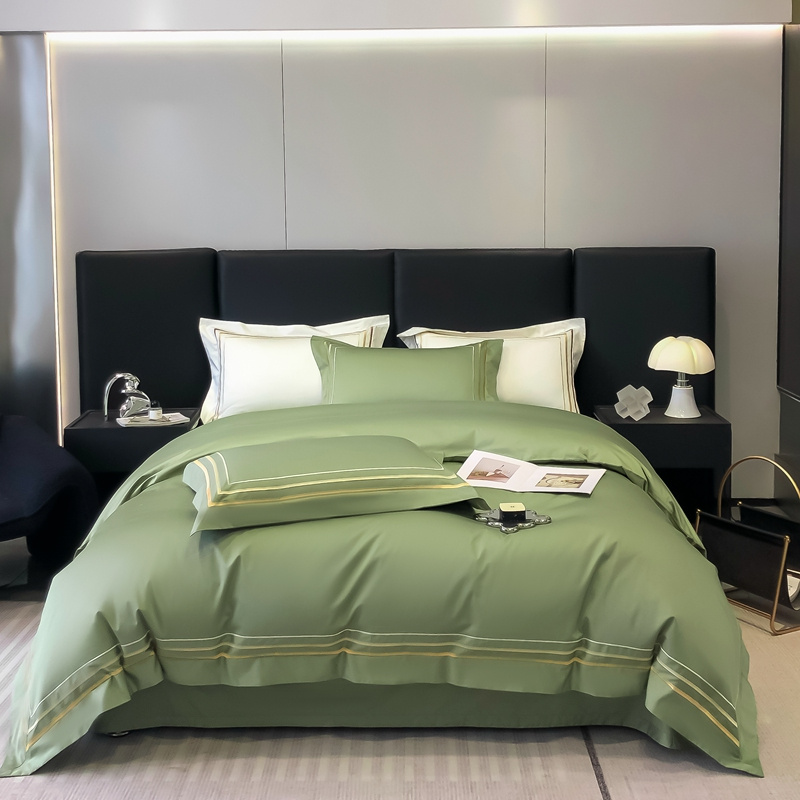 2025全棉贡缎长绒棉高支高密轻奢简约纯色绣花款床品四件套-凯悦