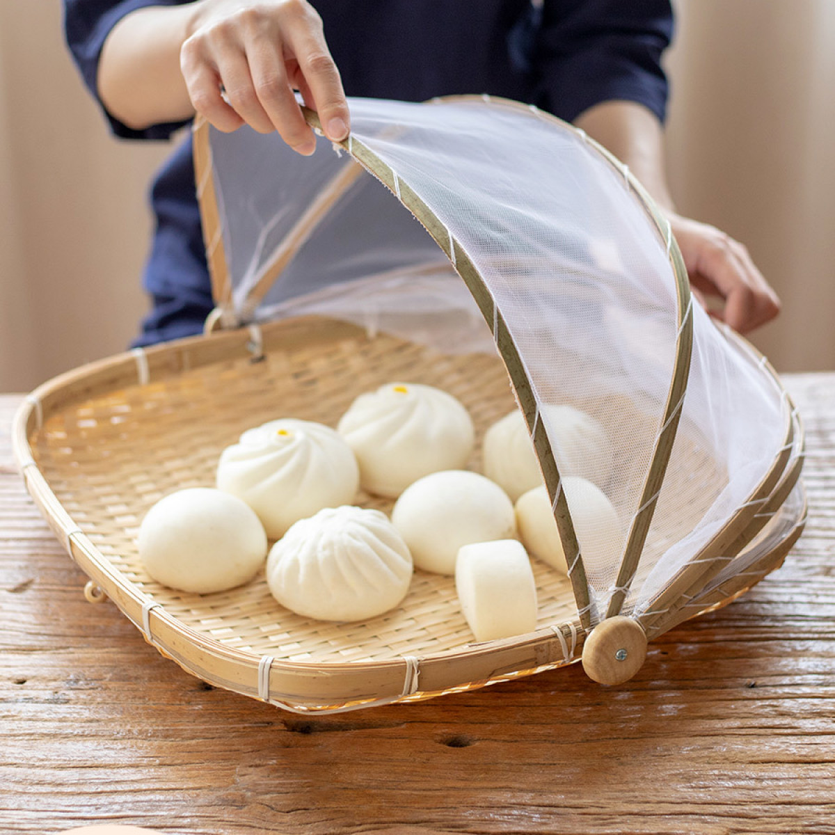 竹编制品防虫罩晾晒竹篮菜罩竹筛子圆簸箕竹子收纳馒头筐带网篮子