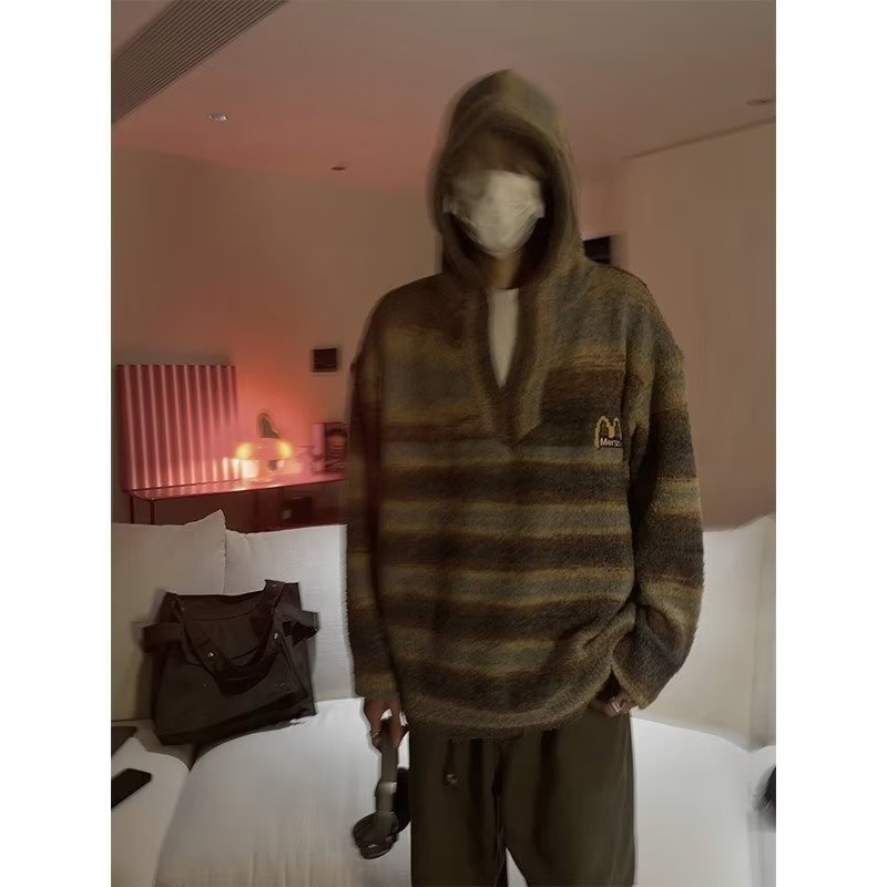 美式复古冬季条纹圆领毛衣男高约慵懒风宽松百搭卫衣2023潮男秋冬