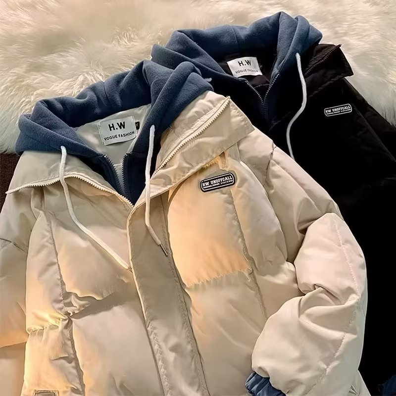 冬季男士棉衣外套连帽宽松加厚棉服假两件棉袄米白百搭风情侣保暖