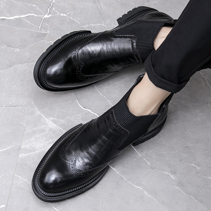 切尔西靴加绒棉靴男靴冬季布洛克雕花英伦尖头短筒靴商务高帮男鞋