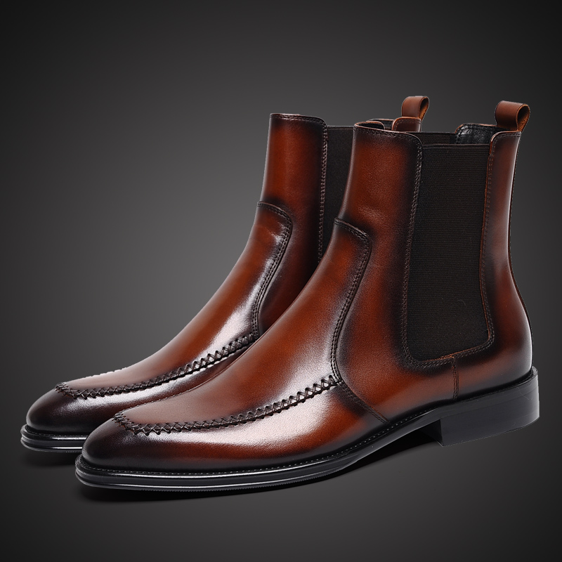秋冬切尔西靴男中高帮真皮松紧套筒短靴子牛皮工装靴加绒保暖棉靴