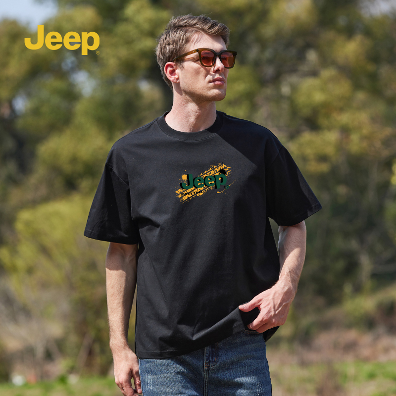 JEEP/吉普2024夏季百搭宽松透气户外圆领半袖大码男士休闲短袖T恤
