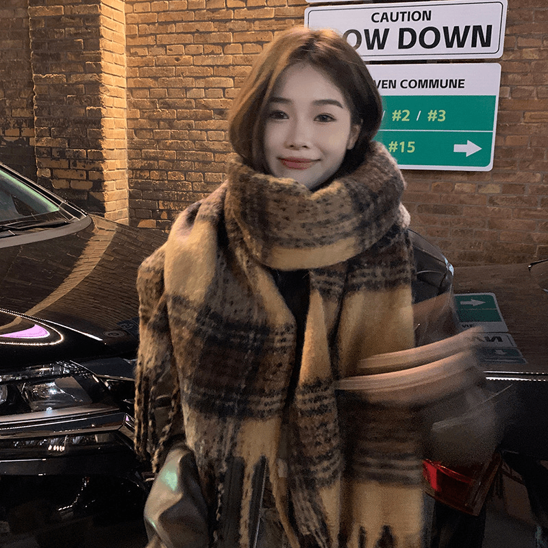 美拉德风秋冬撞色时尚条纹格子围巾女双面厚实长款网红围巾披肩