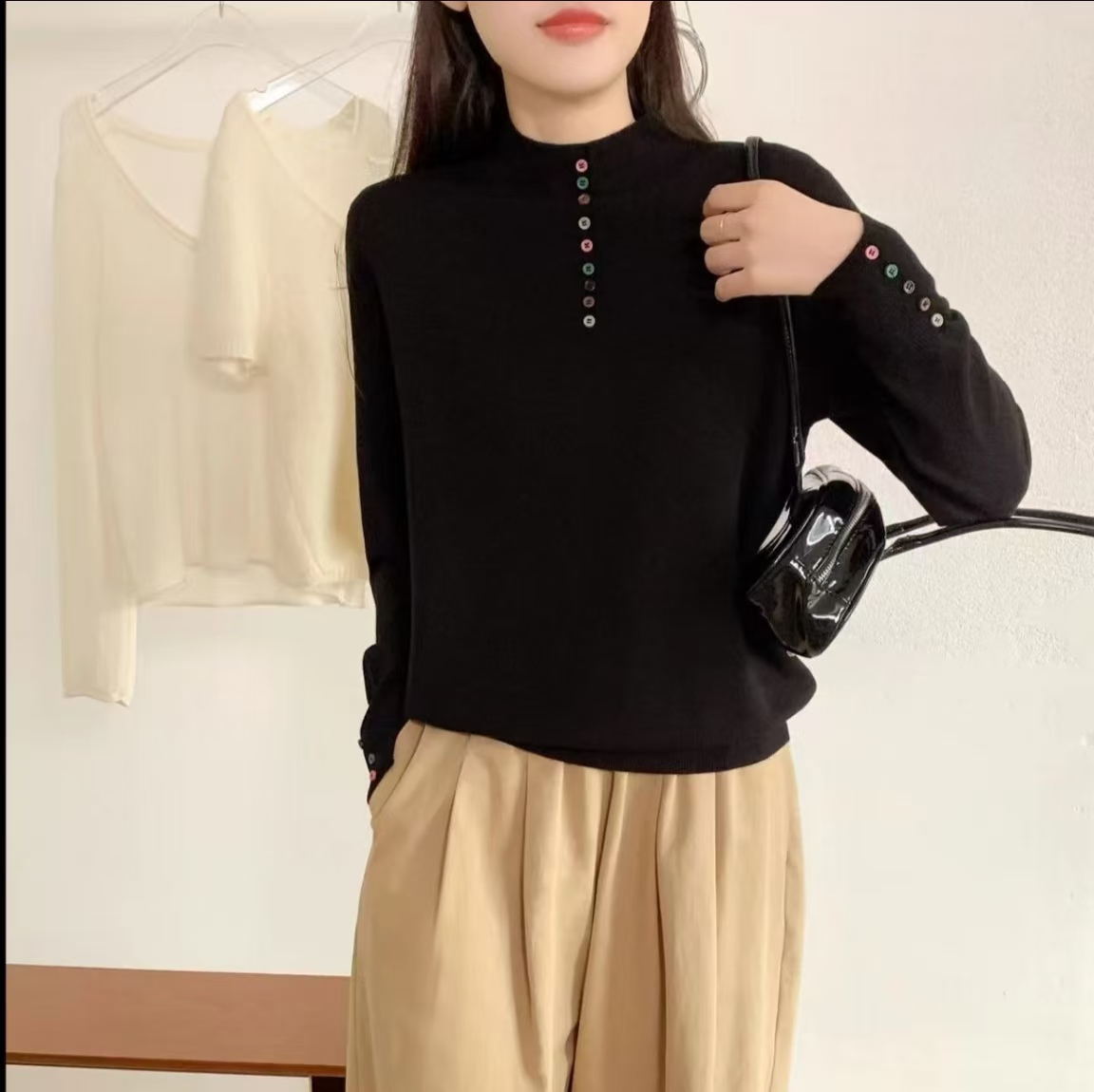 秋冬圆领百搭时尚拼接显瘦套头纽扣长袖多色毛衣打底针织衫-63132