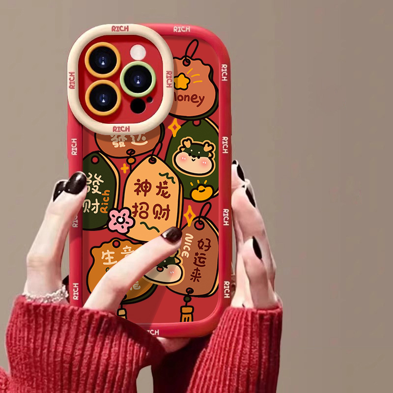 红色泡芙神龙招财苹果14promax手机壳iphone15全包13p硅胶12p软壳