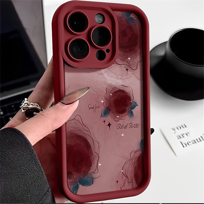 ins晕染玫瑰iPhone苹果15promax手机壳iPhone14网红13酒红12创意