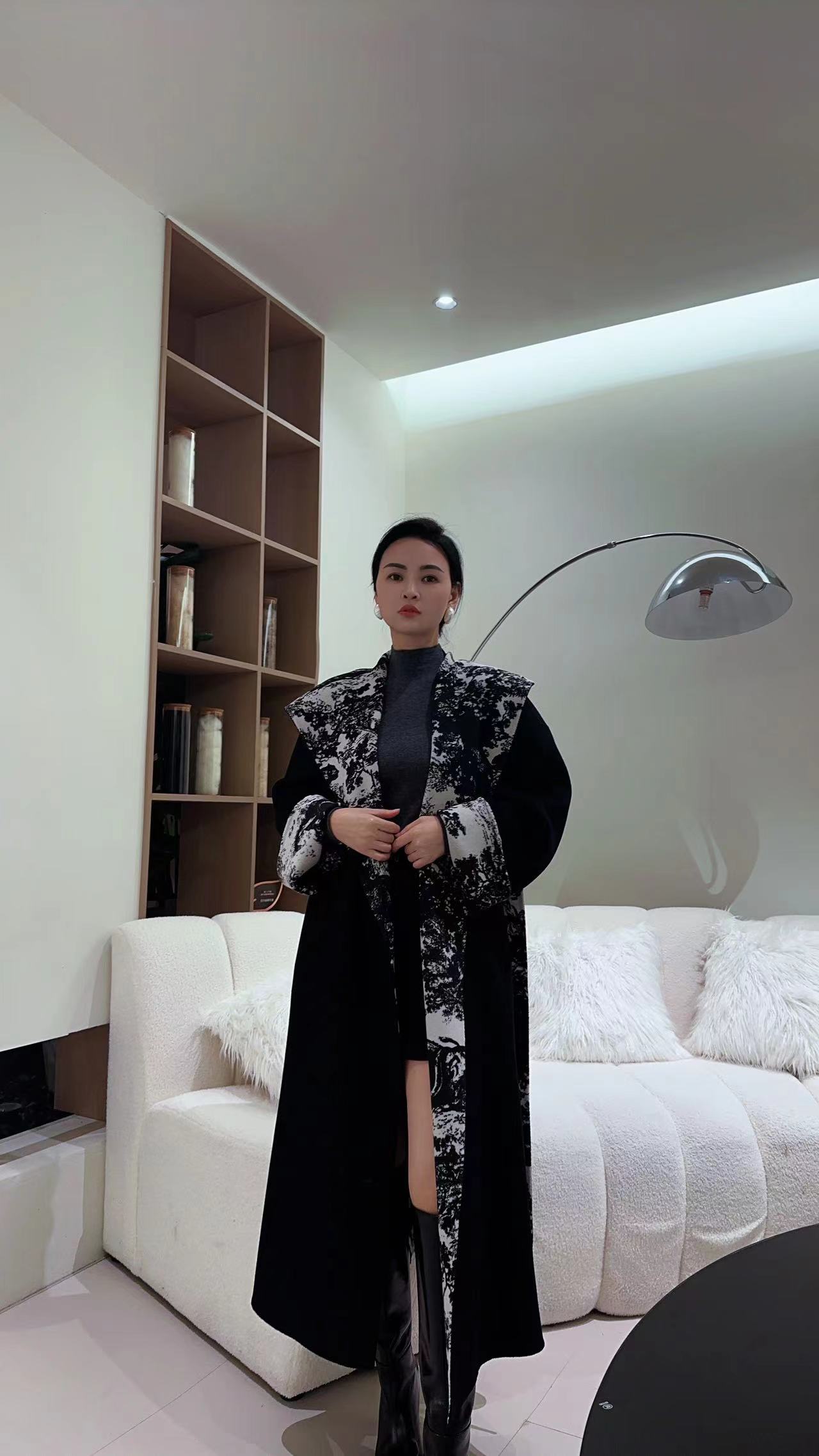 【手绘山水画】高定黑森林系列桑蚕丝+羊毛 连帽毛呢大衣外套 8809
